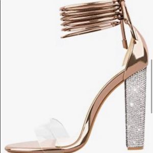 Gold High Heel Sandals with Rhinestone Chunky Heel with Adjustable Lace up Ankle